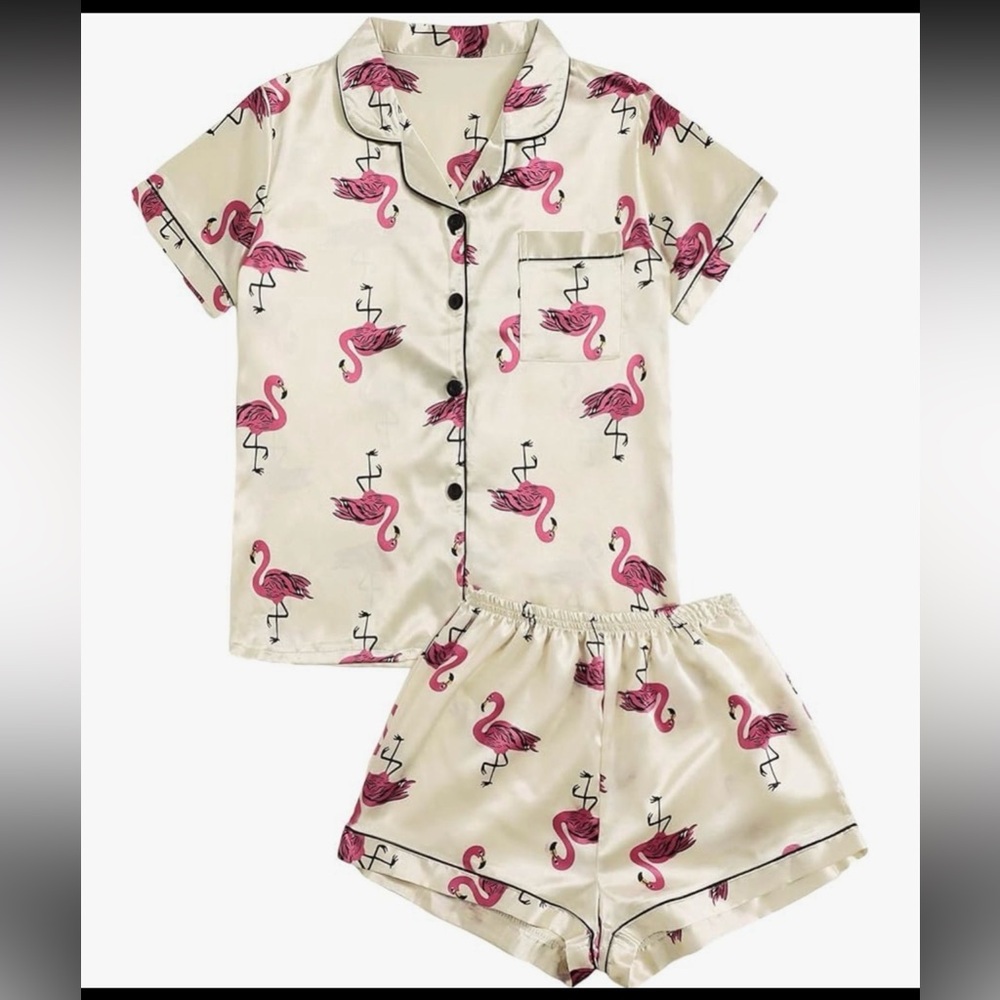 NWT Flamingo Print Satin Pajama short sleeve top and shorts set - Medium